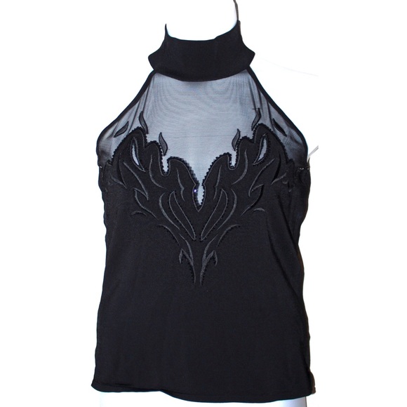 Cache Tops - Cache Fire Beaded Mesh Mock Neck Halter Tank Top Cache Tops - Cache Fire Beaded Mesh Mock Neck Halter Tank Top